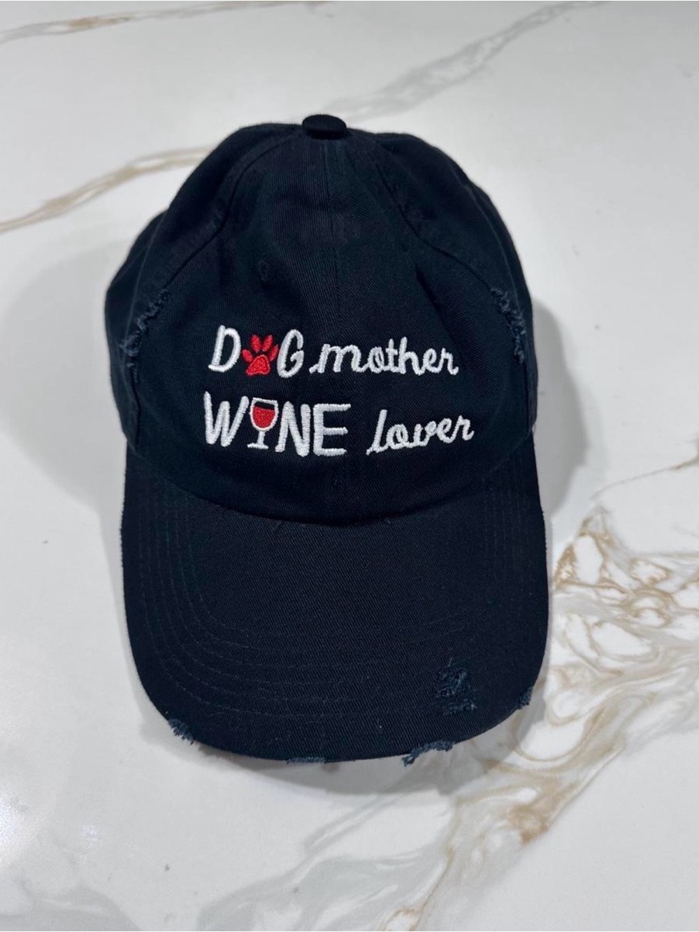 Dog Mother Wine Lover Embroidered Black Baseball Cap Distressed